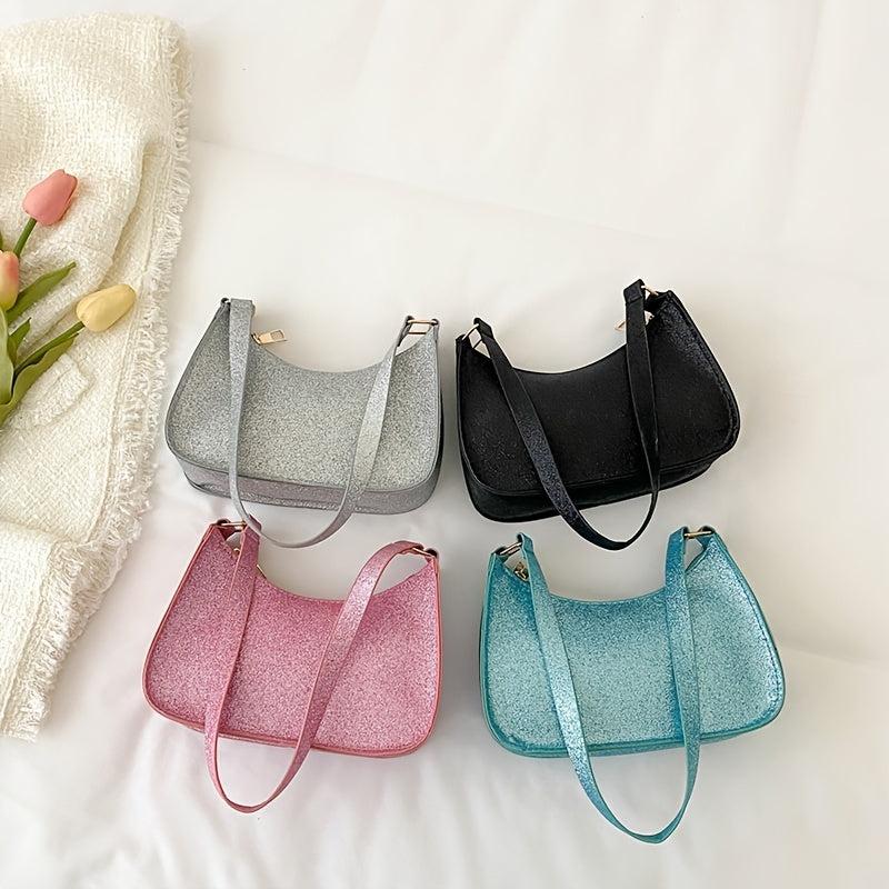 Glitter Top Handle Baguette Bag Women's Faux Leather Shoulder Purse