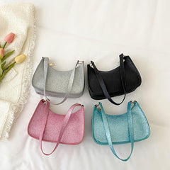 Glitter Top Handle Baguette Bag Women's Faux Leather Shoulder Purse