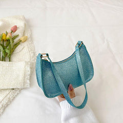 Glitter Top Handle Baguette Bag Women's Faux Leather Shoulder Purse