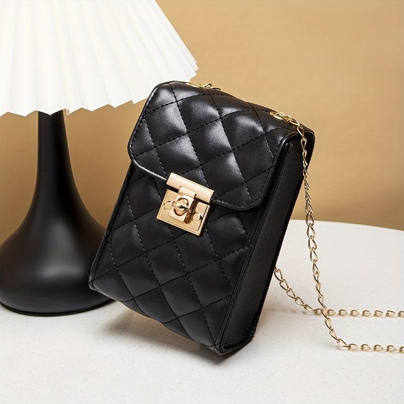 Solid Square Bag Argyle Pattern Turn Lock Chain Bag