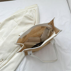 Summer Straw Tote Bag Colorblock Woven Shoulder Bag Travel Bohemian Bag