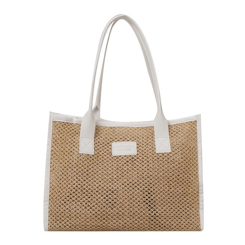 Summer Straw Tote Bag Colorblock Woven Shoulder Bag Travel Bohemian Bag