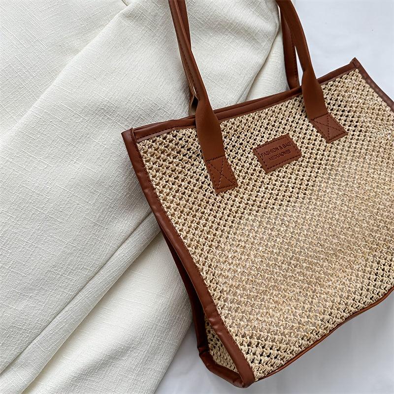 Summer Straw Tote Bag Colorblock Woven Shoulder Bag Travel Bohemian Bag