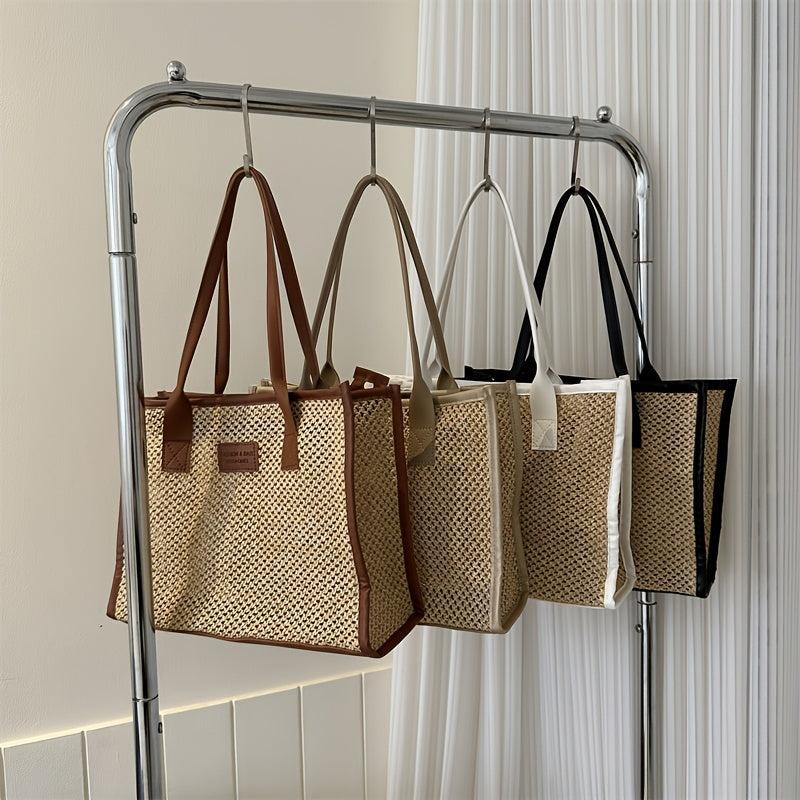 Summer Straw Tote Bag Colorblock Woven Shoulder Bag Travel Bohemian Bag