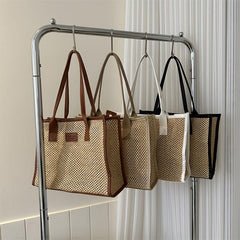 Summer Straw Tote Bag Colorblock Woven Shoulder Bag Travel Bohemian Bag