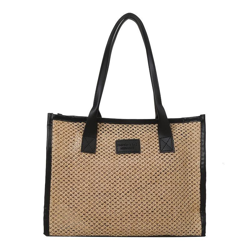 Summer Straw Tote Bag Colorblock Woven Shoulder Bag Travel Bohemian Bag