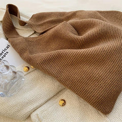 Knitted Shoulder Bag Solid Crochet Tote Bag