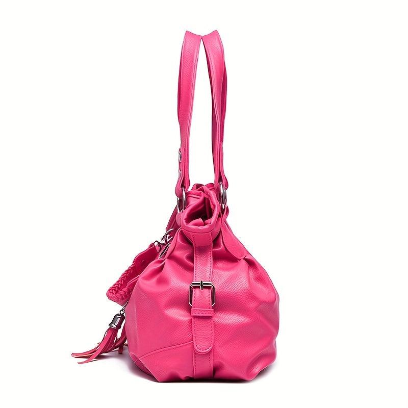 Vintage Drawstring Tote Bag Soft Faux Leather Satchel