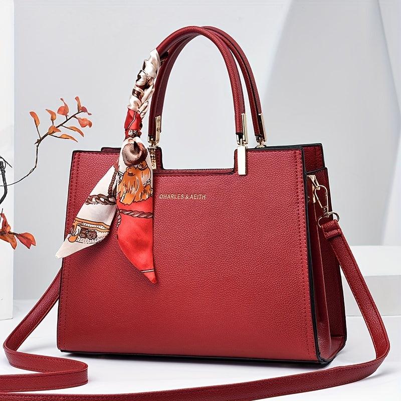 Large Capacity Shoulder Bag Solid Scarf Decor Tote Bag