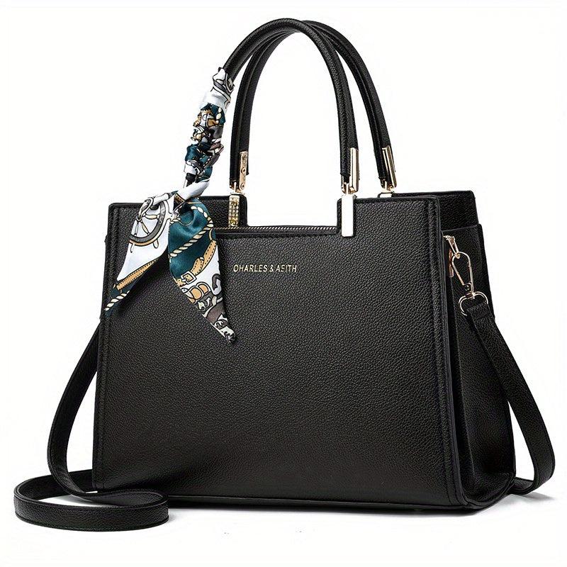 Large Capacity Shoulder Bag Solid Scarf Decor Tote Bag