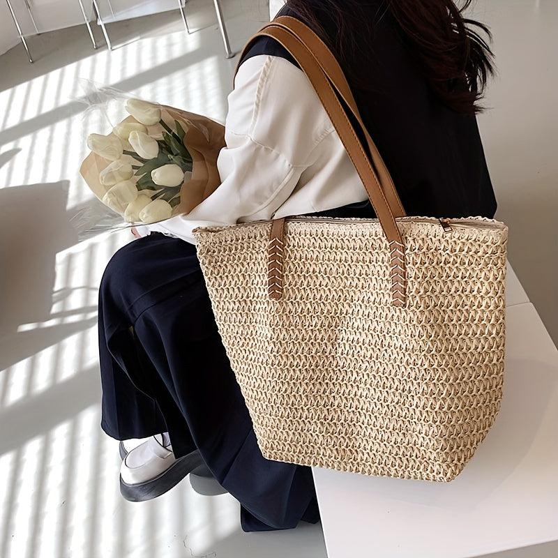 Straw Beach Bag Large Capacity Tote Handbag Double Handle Shopping Bag