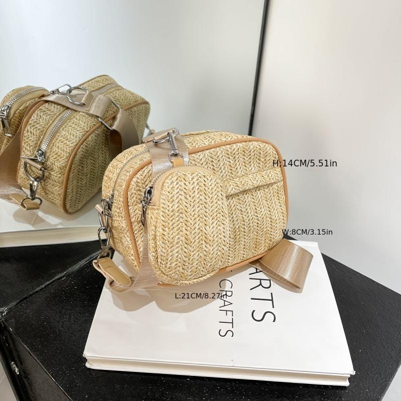 Square Straw Bag Wide Strap Shoulder Bag With Coin Purse