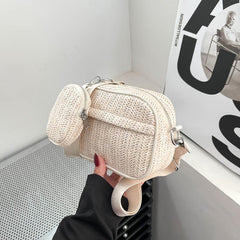 Square Straw Bag Wide Strap Shoulder Bag With Coin Purse