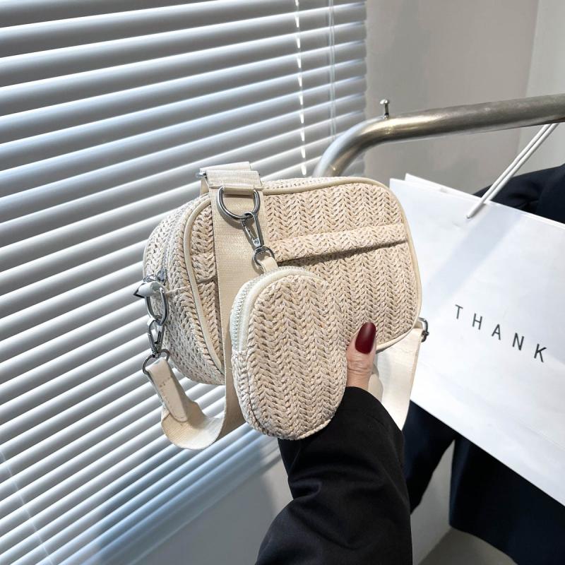 Square Straw Bag Wide Strap Shoulder Bag With Coin Purse