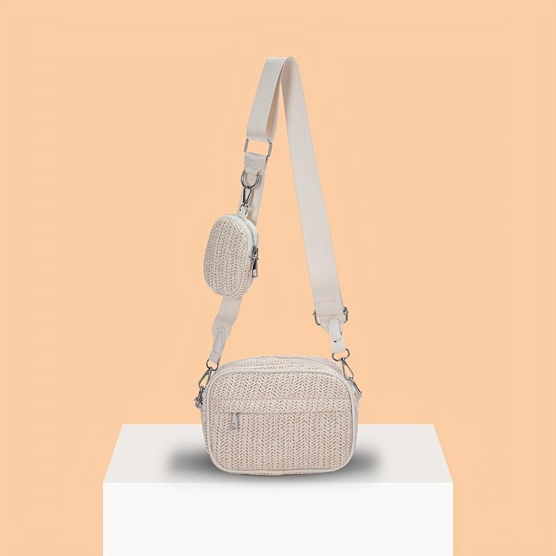 Square Straw Bag Wide Strap Shoulder Bag With Coin Purse