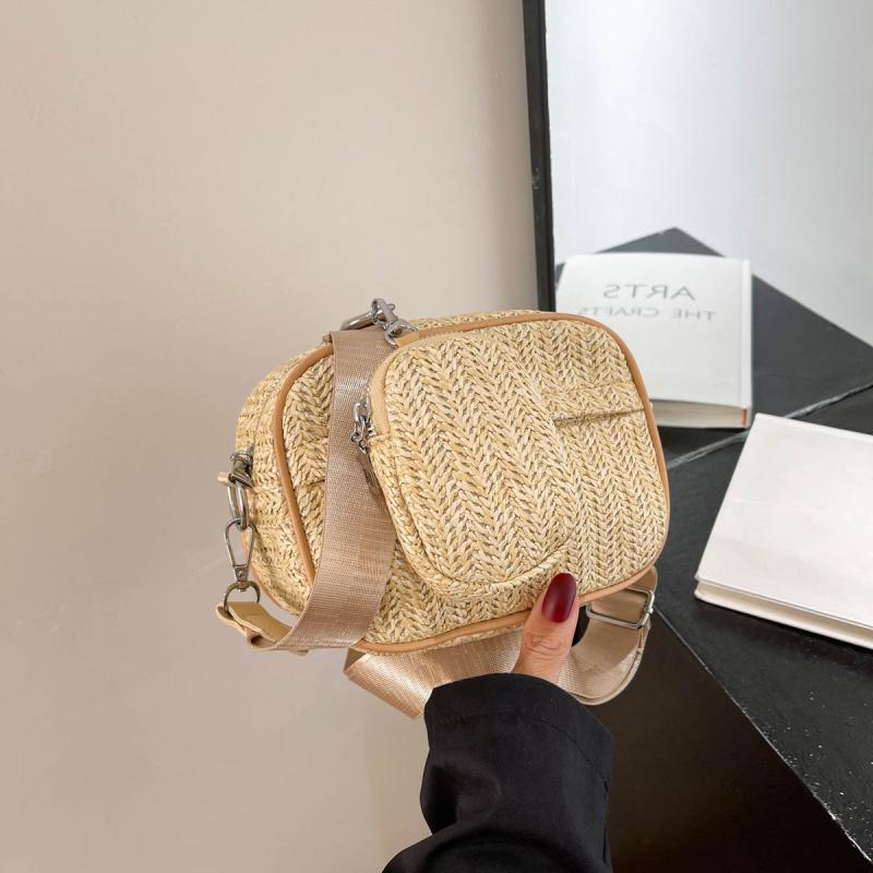Square Straw Bag Wide Strap Shoulder Bag With Coin Purse