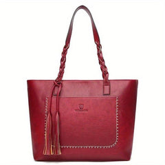 Braided Strap Tassel Large Capacity Tote Bag PU Leather Textured Shoulder Bag