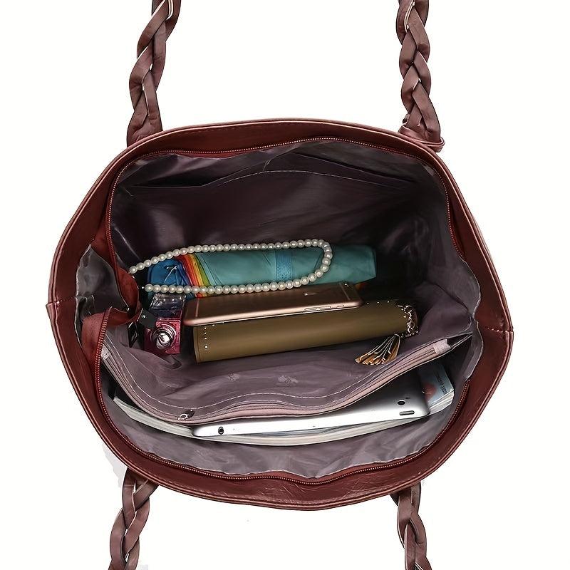 Braided Strap Tassel Large Capacity Tote Bag PU Leather Textured Shoulder Bag