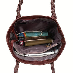 Braided Strap Tassel Large Capacity Tote Bag PU Leather Textured Shoulder Bag