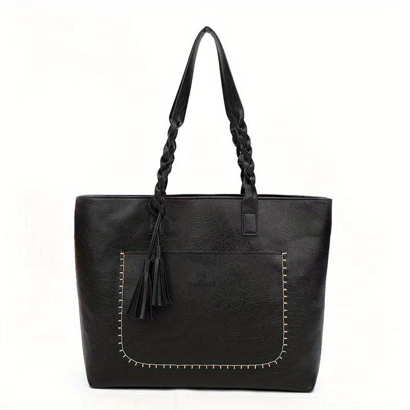 Braided Strap Tassel Large Capacity Tote Bag PU Leather Textured Shoulder Bag