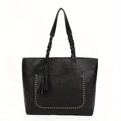 Braided Strap Tassel Large Capacity Tote Bag PU Leather Textured Shoulder Bag