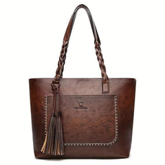 Braided Strap Tassel Large Capacity Tote Bag PU Leather Textured Shoulder Bag