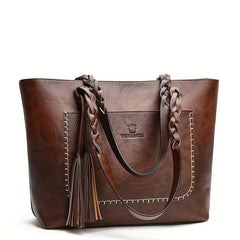Braided Strap Tassel Large Capacity Tote Bag PU Leather Textured Shoulder Bag
