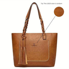Braided Strap Tassel Large Capacity Tote Bag PU Leather Textured Shoulder Bag