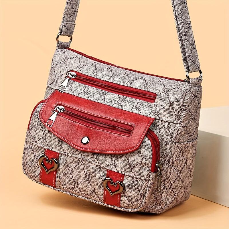 Heart Decor Waterproof Satchel Bag, Retro Style Crossbody Bag