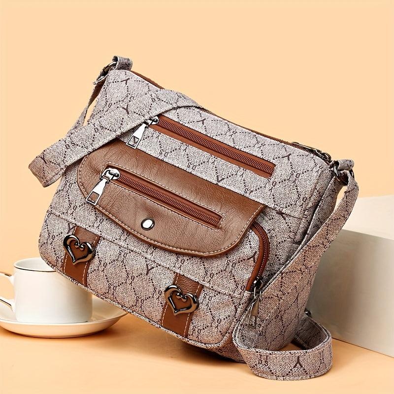 Heart Decor Waterproof Satchel Bag, Retro Style Crossbody Bag