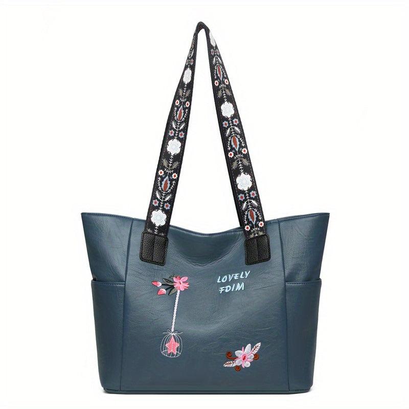 Embroidered Floral Shoulder Bag Large Capacity Tote Bag