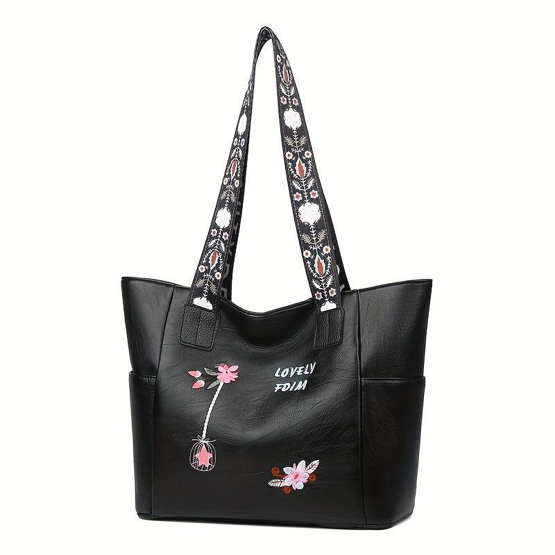 Embroidered Floral Shoulder Bag Large Capacity Tote Bag