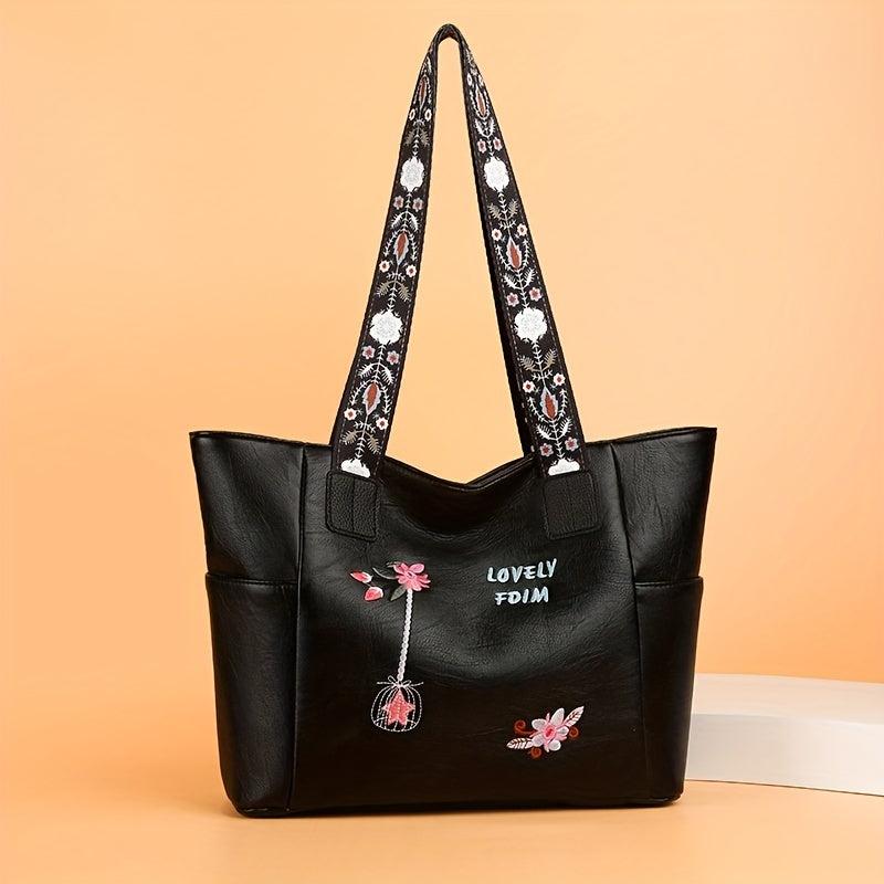 Embroidered Floral Shoulder Bag Large Capacity Tote Bag