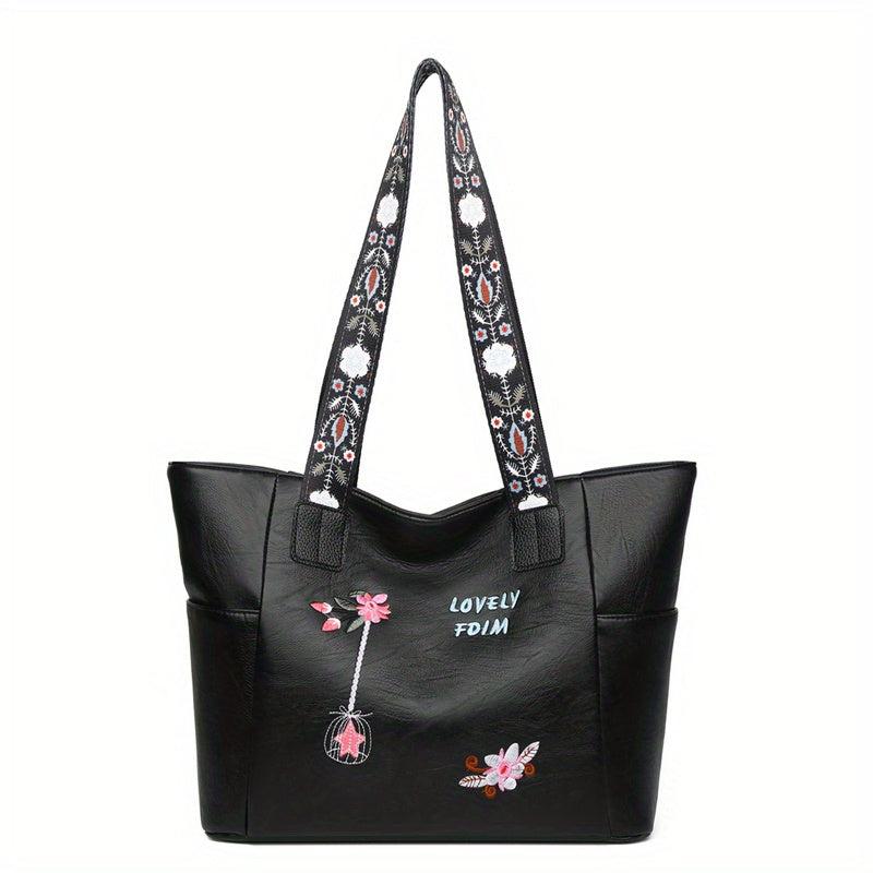 Embroidered Floral Shoulder Bag Large Capacity Tote Bag