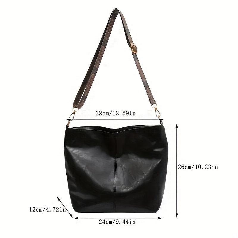 Large Capacity Wide Strap Tote Bag PU Leather Textured Shoulder Hobo Bag