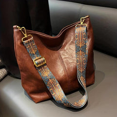 Large Capacity Wide Strap Tote Bag PU Leather Textured Shoulder Hobo Bag