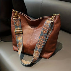 Large Capacity Wide Strap Tote Bag PU Leather Textured Shoulder Hobo Bag