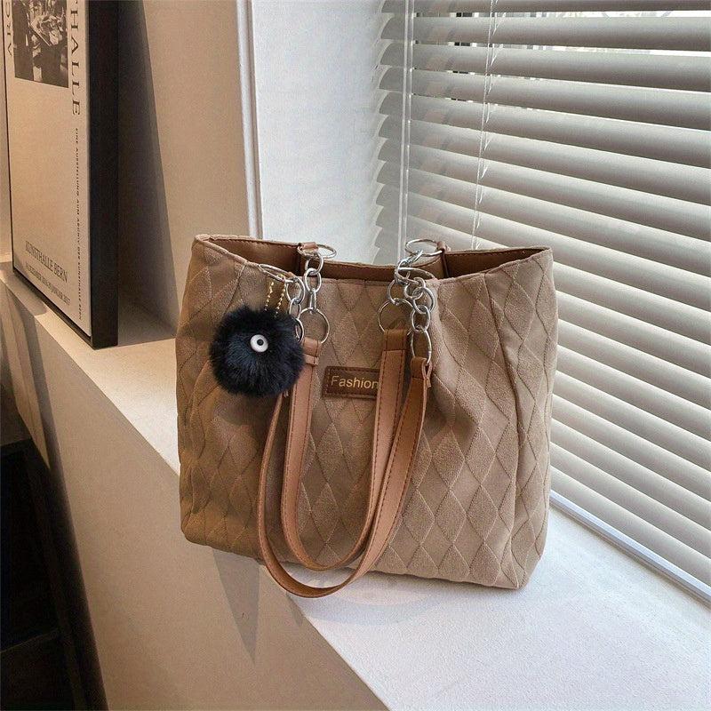 Large Capacity Argyle Tote Bag with Plush Pendant