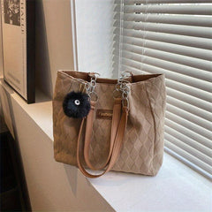 Large Capacity Argyle Tote Bag with Plush Pendant
