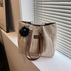 Large Capacity Argyle Tote Bag with Plush Pendant