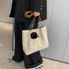 Large Capacity Argyle Tote Bag with Plush Pendant