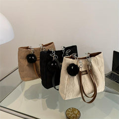 Large Capacity Argyle Tote Bag with Plush Pendant