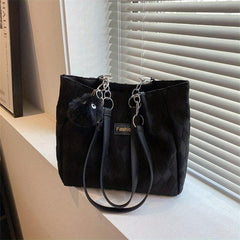 Large Capacity Argyle Tote Bag with Plush Pendant