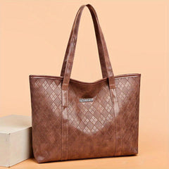 Argyle Embossed Tote Bag PU Leather Large Capacity Handbags