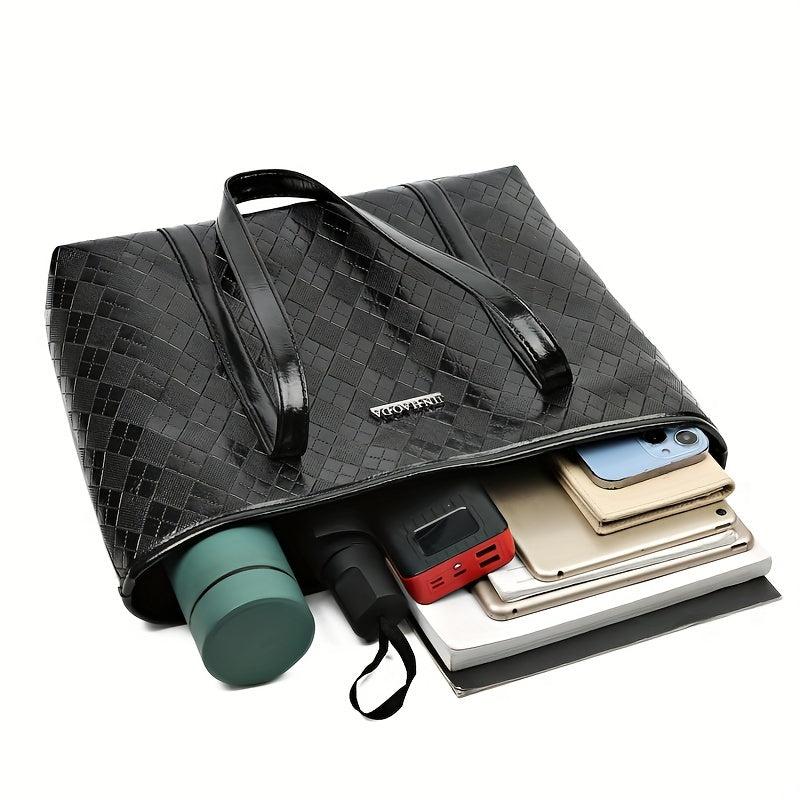 Argyle Embossed Tote Bag PU Leather Large Capacity Handbags