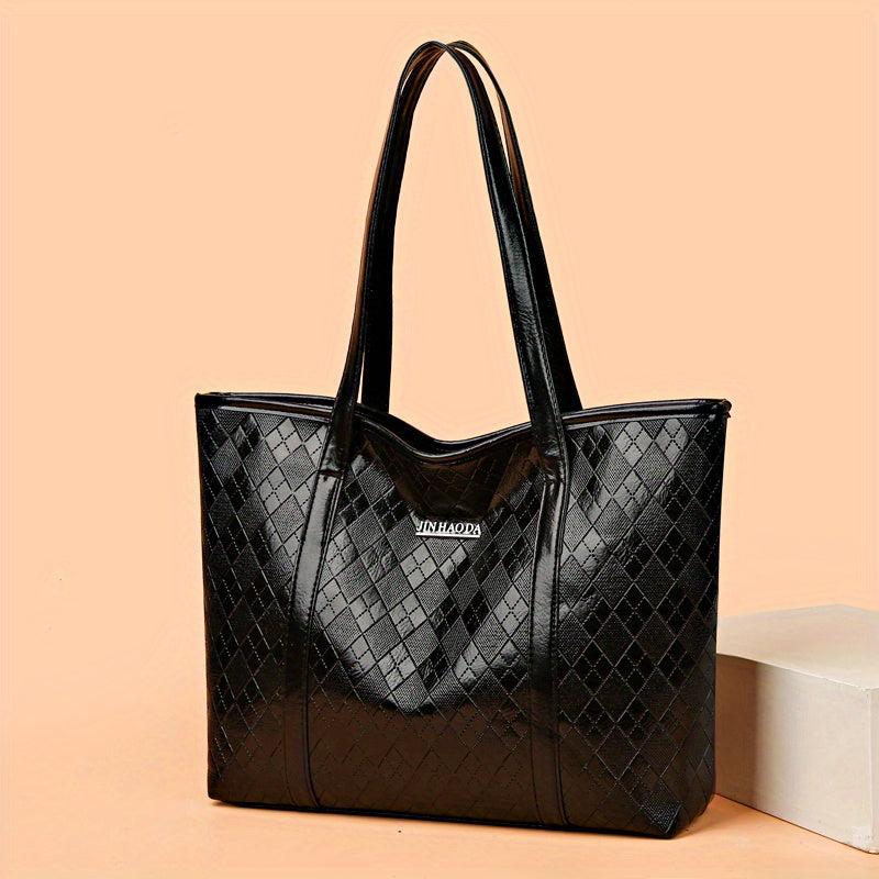 Argyle Embossed Tote Bag PU Leather Large Capacity Handbags
