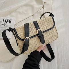 Straw Shoulder Bag Flap Weaving Underarm Bag Magnet Closure