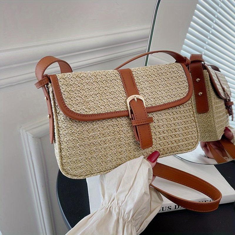 Straw Shoulder Bag Flap Weaving Underarm Bag Magnet Closure