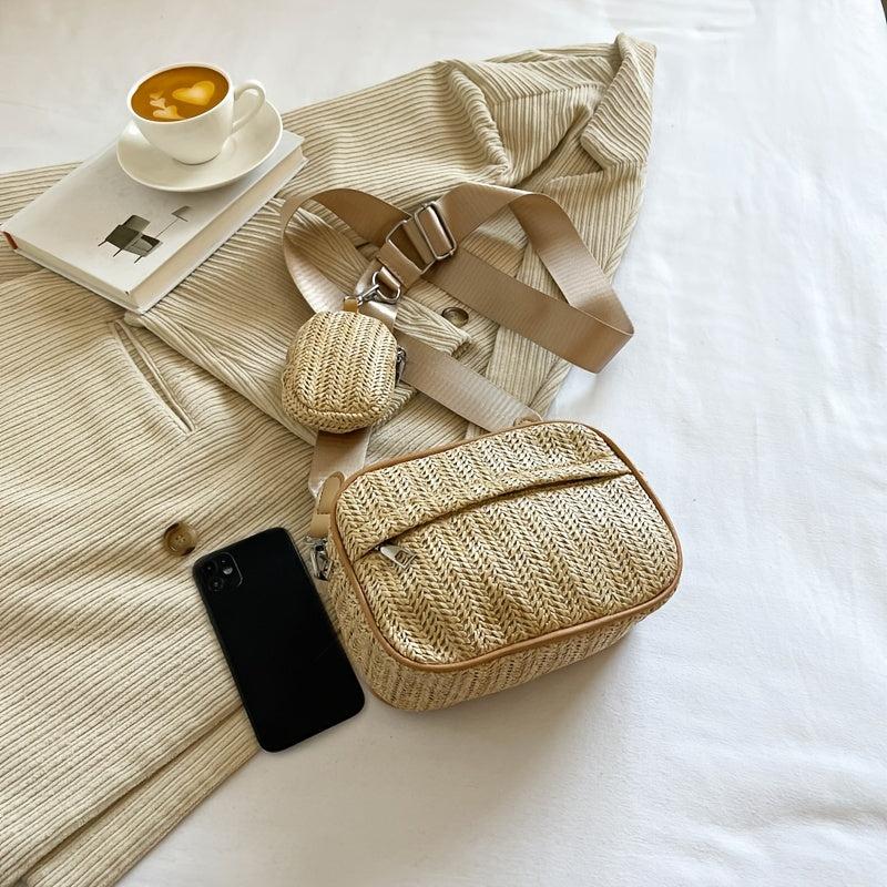 Square Straw Crossbody Bag with Coin Purse