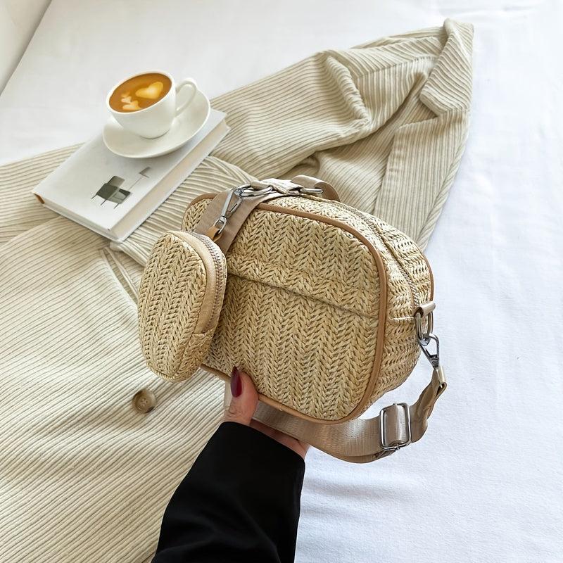 Square Straw Crossbody Bag with Coin Purse
